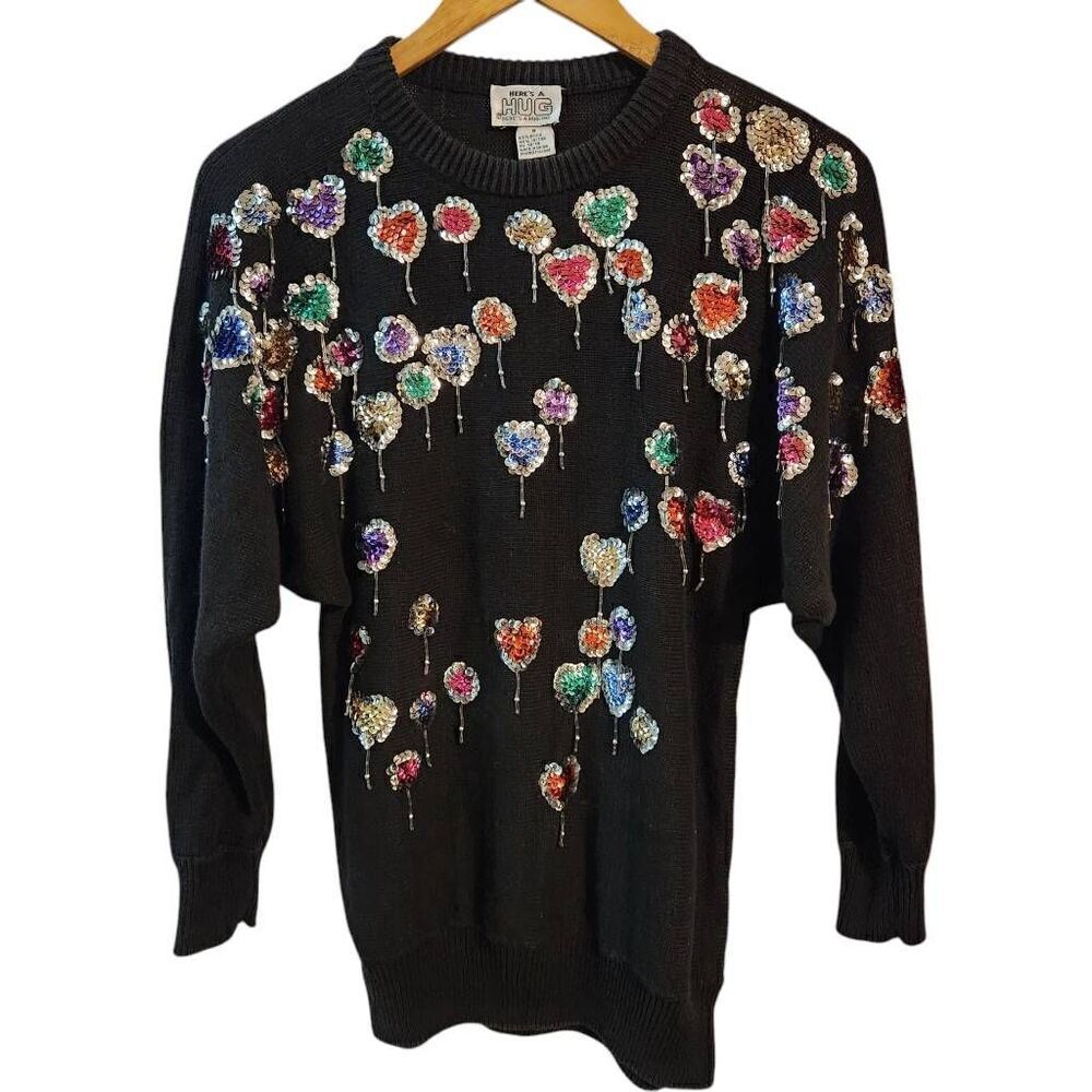 Vintage 80's Here's A‎ Hug black sweater sequin hearts beaded dangle size small